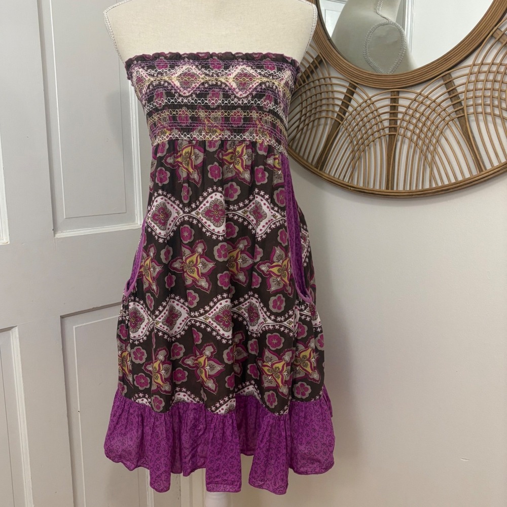 Magazine Smocked Convertible Dress Skirt S Boho Hippie Folk Strapless Festival